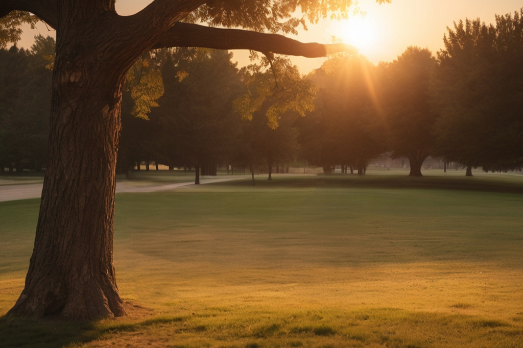 An image showing an artistic shot of a view of a park through a few trapeze d-rings.