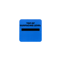 An image showing a warning label that says, "Top of surfacing level." and a bar across the sticker that shows the surfacing level.