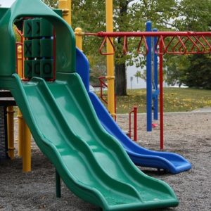 An image showing a playset with slides and monkey bars in a park.