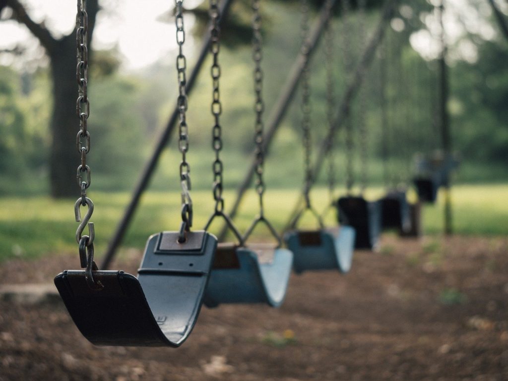 An image that shows several different swing seats attached to a swing set in a park.