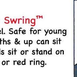 An image showing children playing on a basket swing that read, "Basket swring like a carousel. Safe for young kids, 18 months & up can sit inside, big kids sit or stand on platform or red ring.