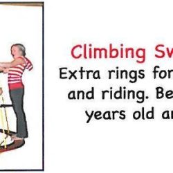 An image of a climbing swing that reads, "Climbing swring extra rings for climbing and riding. Best for 5 years old and up.