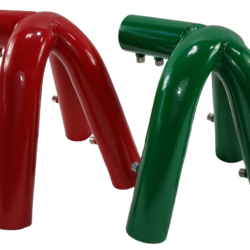 An image showing the 2 different colors of the 3 legged end frame fitting for 2 3/8" pipe: red, green.