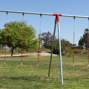 An image showing 4 red swing seats attached to a swing set.