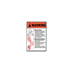 An image showing a warning label that says, "Warning - Children have died when: drawstrings on their clothing or items around their neck, caught on slides or other playground equipment. Before playing remove: Hood and neck drawstrings from children's clothing. Helmets and items around their necks. Scarves and mittens connected through the sleeves. Ropes, pet leashes or similar objects attached to the playground equipment."