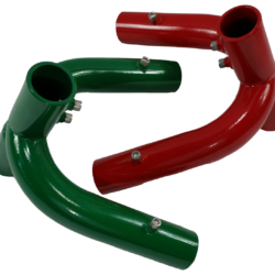 An image showing the 2 different colors of middle frame fittings that are made for 2 3/8" pipe and is designed to look similar to the 3 legged end frame fitting: green, red.