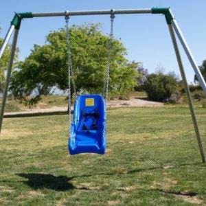 An image of a ADA swing seat with a blue seat.