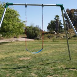 An image showing a swing set with a strap swing seat and red plastisol chain.