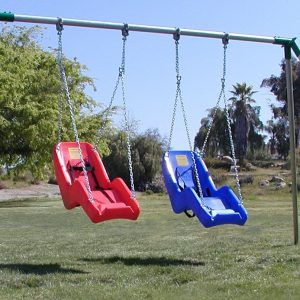 An image of a swing set with two ADA swing seats attached one red and one blue.