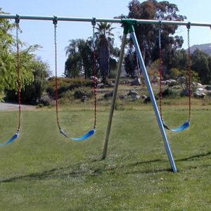 An image showing 4 blue swing seats attached to a swing set.