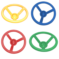 An image of all of our steering wheels: Yellow, Blue, Red, Green.