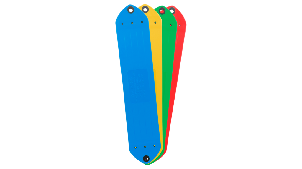An image showing the colors of our polymer strap swing seat: Blue, Yellow, Green, Red.