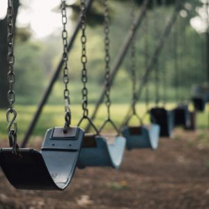 An image that shows several different swing seats attached to a swing set in a park.
